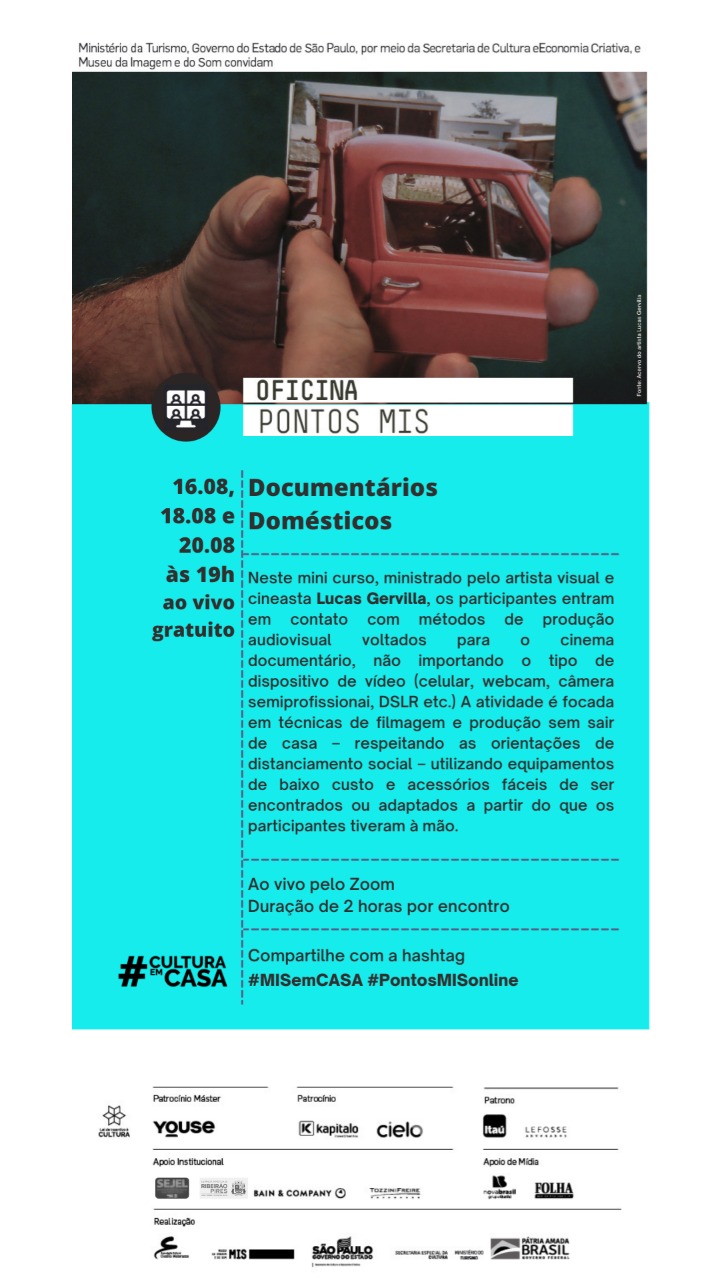 A oficina online de documentário do MIS, em parceria com a Sejel, irá promover os encontros nos dias 16, 18 e 20/08, às 19h. FOTO: divulgação/PMETRP